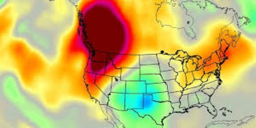 Graphic of Western North America. Depicting catastrophic severe weather (weather map), due to climate change. 